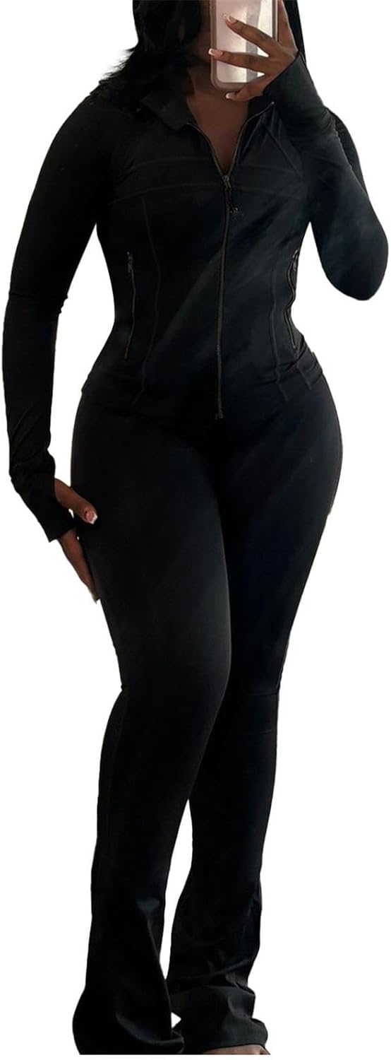 Women Two Piece Outfits Fall Workout Zip Up Sweatshirt And Jogger Flare Yoga Pants Gym Sweat Suits 2 Piece Set