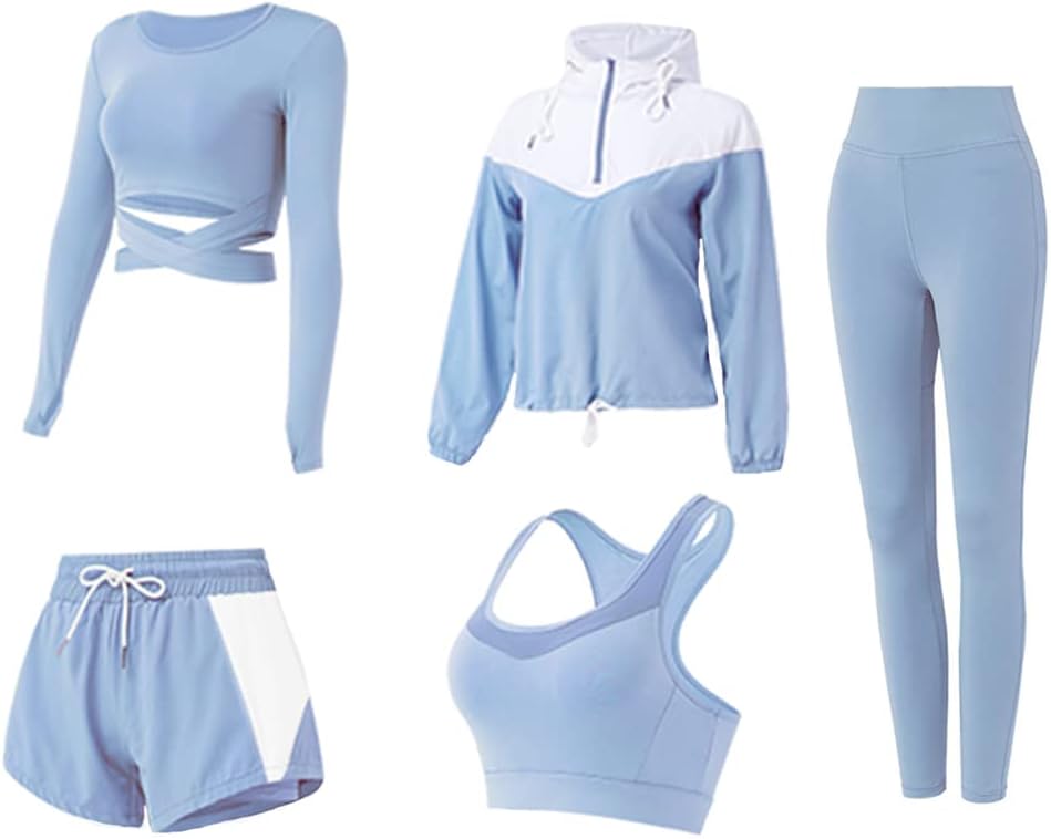 5 PCS Workout Sets for Women Yoga Running Outfit Athletic Gym Exercise Clothes Activewear Sets Tracksuit
