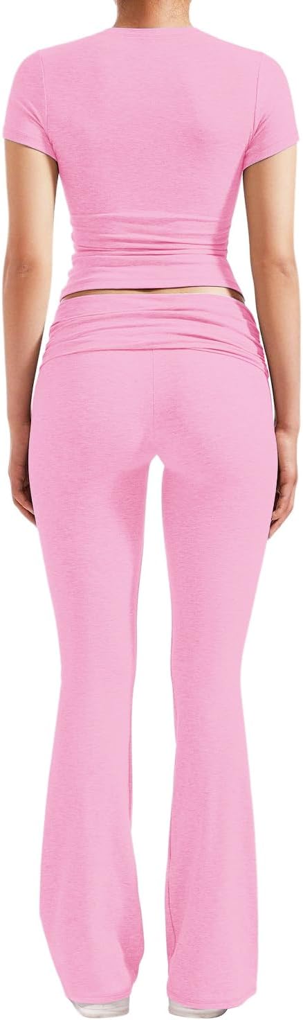 Women 2 Piece Lounge Outfits Slim Short Sleeve Tops Low Rise Flare Leggings Sets Yoga Sweatsuit - Image 2