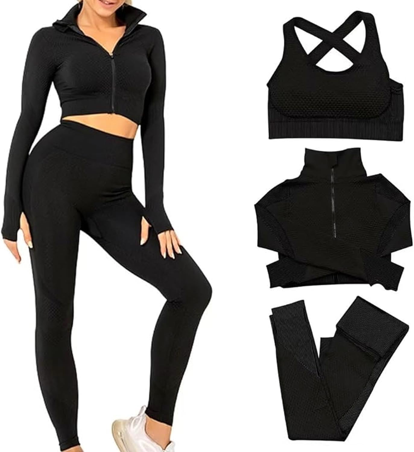 Women 3 PC Seamless Gym Clothing Workout Outfit with Jacket Bra & Leggings Set