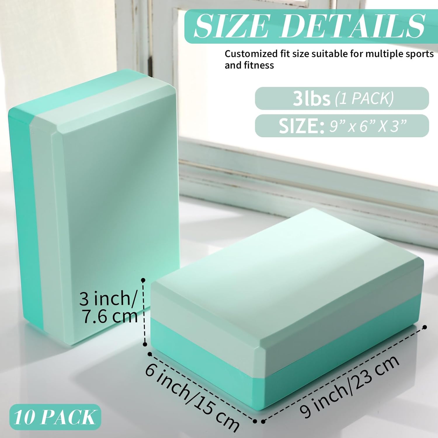 10 Pcs Yoga Blocks Bulk Eva Foam Exercise Yoga Brick Soft Non Slip Surface Foam Blocks High Density Yoga Accessories for Workout Stability Balance Deepen Stretches Pilates 9''x6''x3''(Green) - Image 2