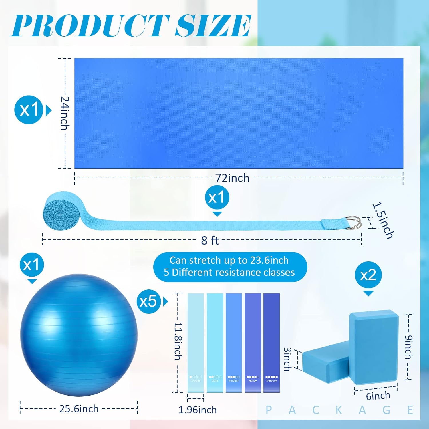 10 Pcs Yoga Starter Kit Include Yoga Mat with Carry Strap, 2 Yoga Blocks, Yoga Strap, Yoga Pilates Ball, 5 Resistance Bands with Air Pump Yoga Mat Set and Kit for Beginners Women and Men - Image 2