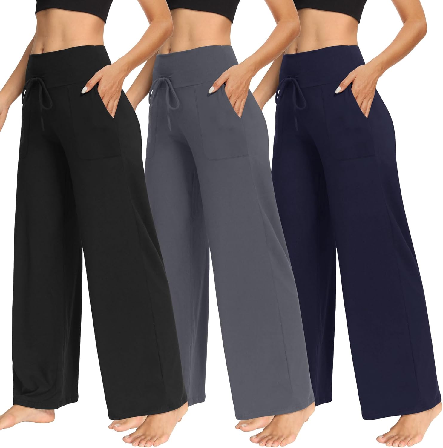 3 Pack Women Wide Leg Pants with Pockets - Casual Loose Yoga Trouser Pants Sweatpants Palazzo Lounge Pajama Pants