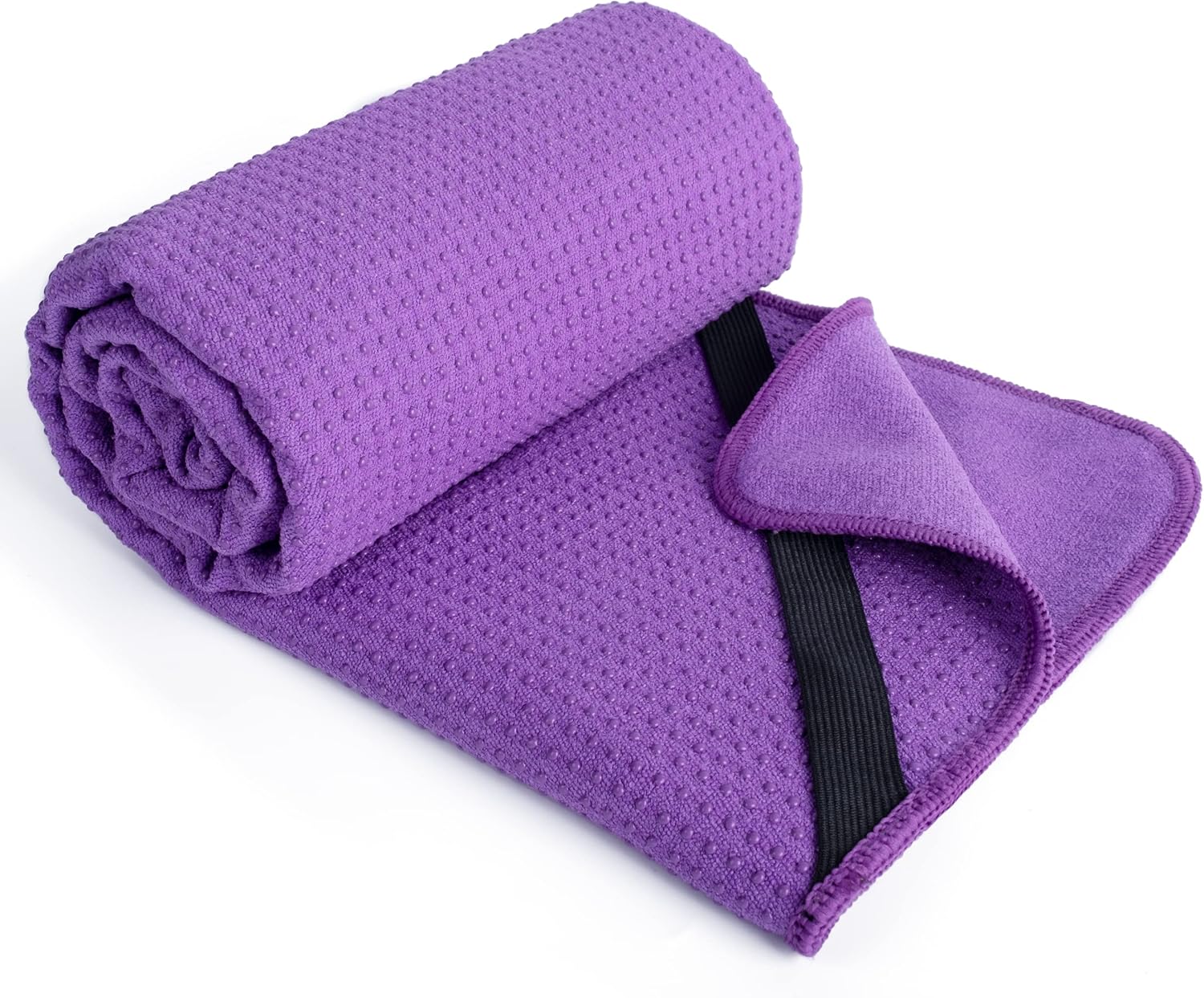 Microfiber Hot Yoga Towel Mat with Non-Slip Silicone Grip and Secure Fit Elastic Straps, 24 x 72 in (Purple)