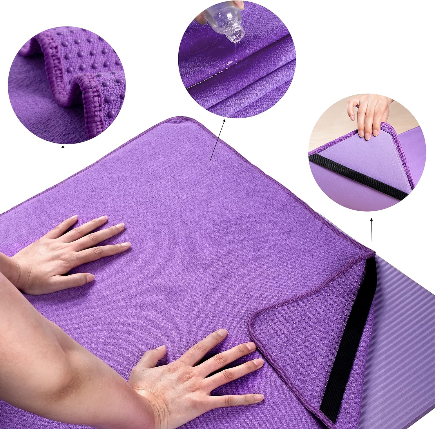 Microfiber Hot Yoga Towel Mat with Non-Slip Silicone Grip and Secure Fit Elastic Straps, 24 x 72 in (Purple) - Image 2